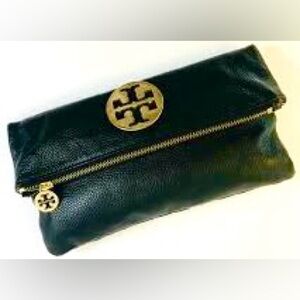 Tory Burch Dark Blue Leather Crossbody Flap Bag with Gold Accents